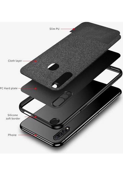 Huawei Y9 Prime 2019 Fabrik Serisi Kumaş ve Deri Desen Kılıf - Siyah indirimleri