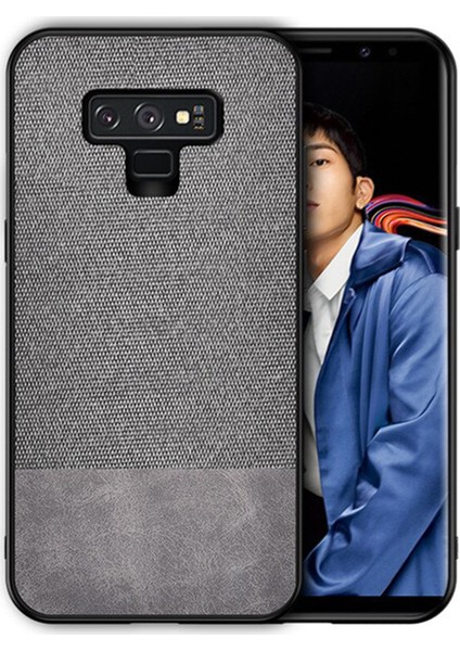 Samsung Galaxy Note 9 Fabrik Serisi Kumaş ve Deri Desen Kılıf - Gri