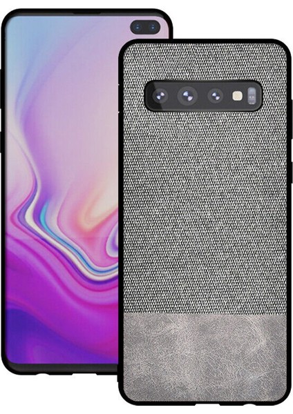 Samsung Galaxy S10 Plus Fabrik Serisi Kumaş ve Deri Desen Kılıf - Gri