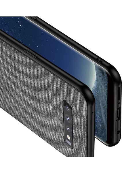 Samsung Galaxy S10 Plus Fabrik Serisi Kumaş ve Deri Desen Kılıf - Gri