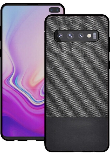 Samsung Galaxy S10 Plus Fabrik Serisi Kumaş ve Deri Desen Kılıf - Siyah