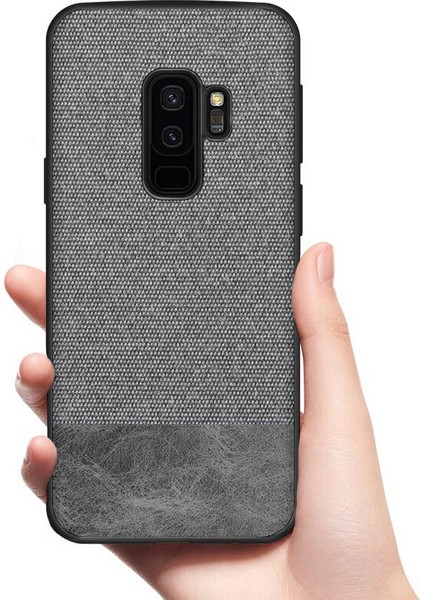 Samsung Galaxy S9 Plus Fabrik Serisi Kumaş ve Deri Desen Kılıf - Gri