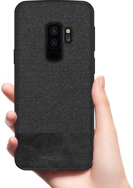 Samsung Galaxy S9 Plus Fabrik Serisi Kumaş ve Deri Desen Kılıf - Siyah