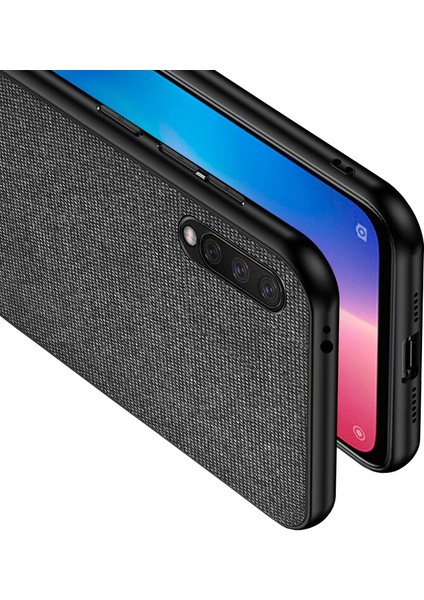 Xiaomi Mi 9 Lite Fabrik Serisi Kumaş ve Deri Desen Kılıf - Siyah modelleri