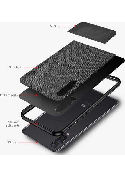 Xiaomi Mi 9 Lite Fabrik Serisi Kumaş ve Deri Desen Kılıf - Siyah indirimleri