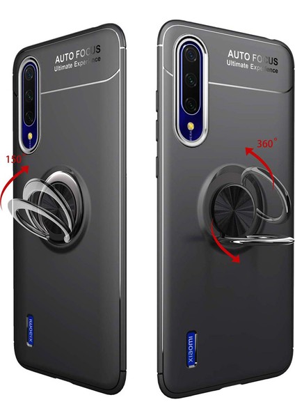 Xiaomi Mi 9 Lite Focus Serisi Yüzük Standlı Silikon Kılıf - Siyah modelleri