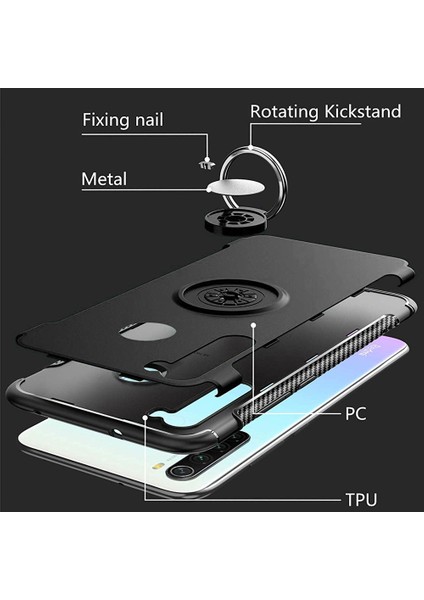 Xiaomi Redmi Note 8 Yüzük Standlı Armor Silikon Kılıf - Siyah