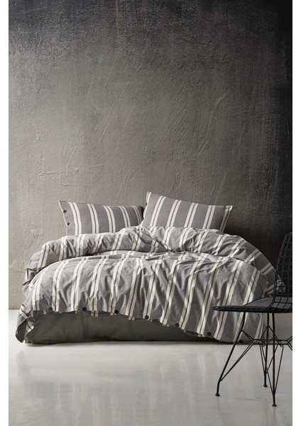 Heritage 100% Pamuklu Battal Boy Yıkamalı Iplik Boya Çizgili Nevresim Takımı Antrasit