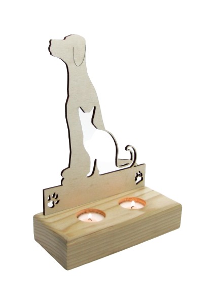 Ahşap Tealight Mumluk Cat Dog