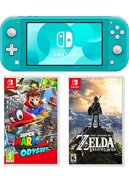 Switch Lite Konsol Turkuaz + Nintendo Super Mario Odyssey + The Legend Of Zelda Breath Of The Wild Switch Oyun