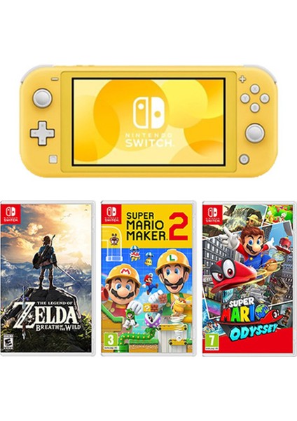 Switch Lite Konsol Sarı + Super Mario Maker 2 + Nintendo Super Mario Odyssey + The Legend Of Zelda Breath Of The Wild Switch Oyun
