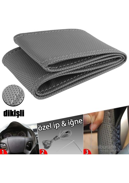 Bmw 3 Touring Dikme Direksiyon Kılıfı Delikli Mum İpli Gri Dikişli
