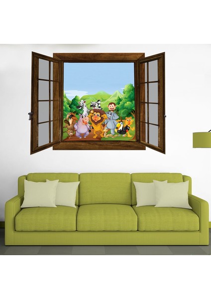 Kt Decoration Ahşap Pencere İle Sevimli Hayvan Dostlar 3D Duvar Sticke