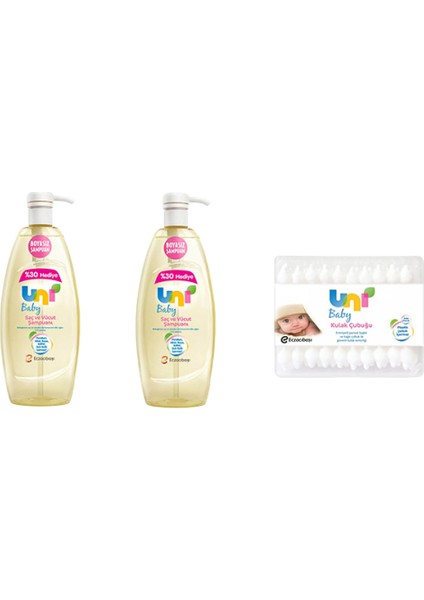 Uni Baby Sensitive Şampuan 900 ml 2 Adet + Uni Baby Emniyetli 60' lı Kulak Çubuğu