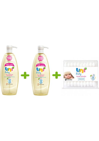 Uni Baby Sensitive Şampuan 900 ml 2 Adet + Uni Baby Emniyetli 60' lı Kulak Çubuğu