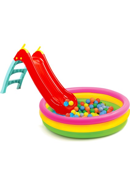 Kaydıraklı Oyun Seti (Mavi Havuz / 6 cm 100'lü Oyun Havuz Topu / Pompa / Kaydırak)