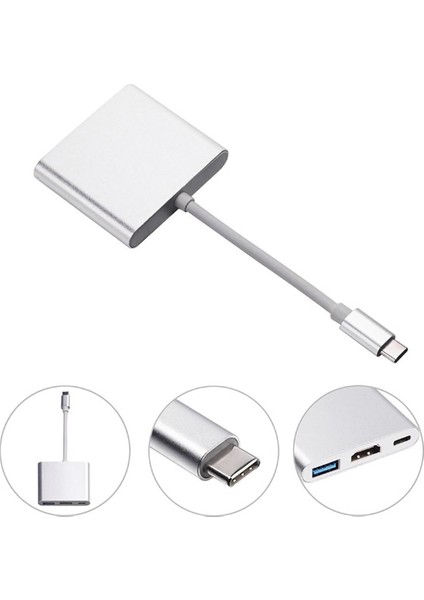 Multifunction 3in1 Type-C To USB 3.0 HDMI Dönüştürücü Adaptör - Gümüş