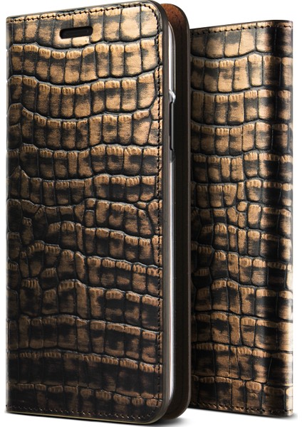 iPhone X Genuine Croco Diary Kılıf Dark Gold