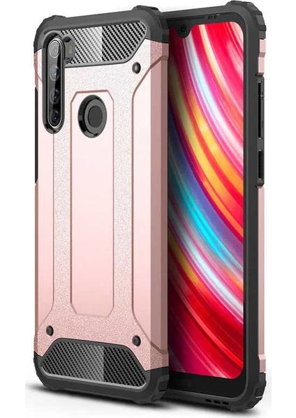 Case 4U Xiaomi Redmi Note 8T Kılıf Military Armor Çift Katmanlı Crash Silikon Kılıf + Cam Ekran Koruyucu Rose Gold