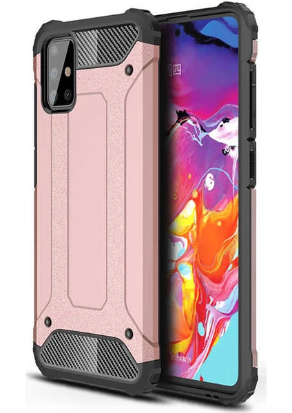 Case 4U Samsung Galaxy A71 Kılıf Military Armor Çift Katmanlı Crash Silikon Kılıf + Cam Ekran Koruyucu Rose Gold