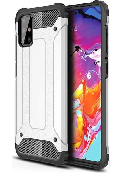 Case 4U Samsung Galaxy A71 Uyumlu Kılıf Military Armor Çift Katmanlı Crash Silikon Kılıf + Cam Ekran Koruyucu Gümüş