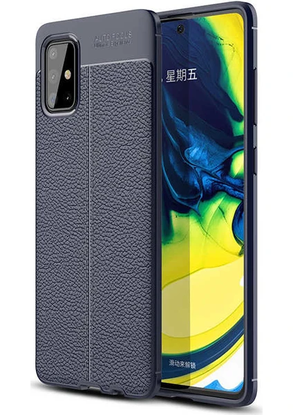 Case 4U Samsung Galaxy A51 Uyumlu Kılıf Rugan Armor Deri Görünümlü Yüksek Kalite Silikon Niss + Cam Ekran Koruyucu Lacivert