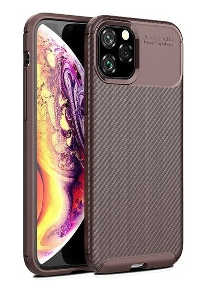 Apple iPhone 11 Pro Max Kılıf Karbon Desenli Lux Negro Silikon + 360 Full Body Ekran Koruyucu Kahverengi