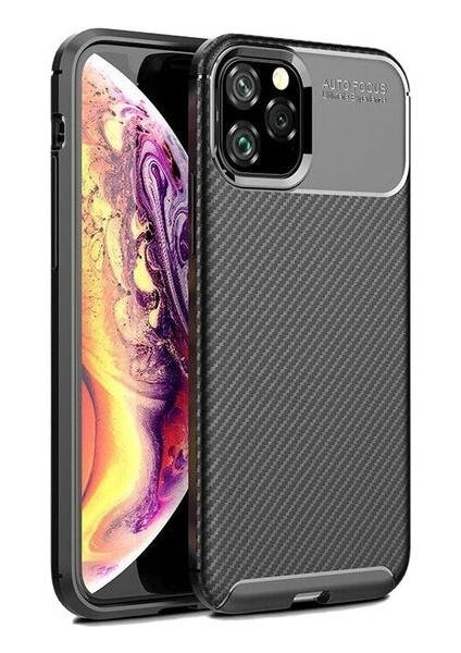 Apple iPhone 11 Pro Max Kılıf Karbon Desenli Lux Negro Silikon + Cam Ekran Koruyucu Siyah