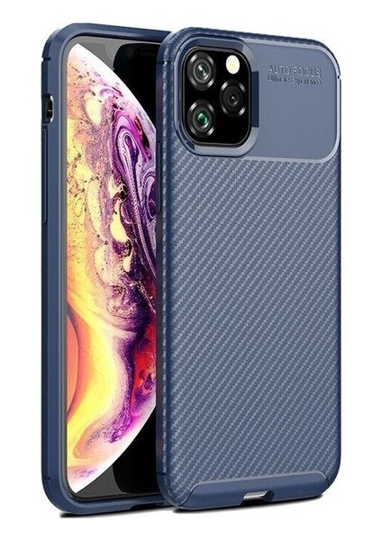 Apple iPhone 11 Pro Max Kılıf Karbon Desenli Lux Negro Silikon + Tam Kaplayan Cam Ekran Koruyucu Lacivert