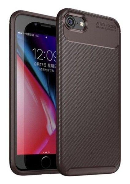 Apple iPhone 6-6s Kılıf Karbon Desenli Lux Negro Silikon + Cam Ekran Koruyucu Kahverengi