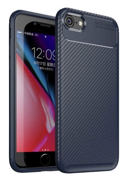 Apple iPhone 7 Kılıf Karbon Desenli Lux Negro Silikon + Cam Ekran Koruyucu Lacivert