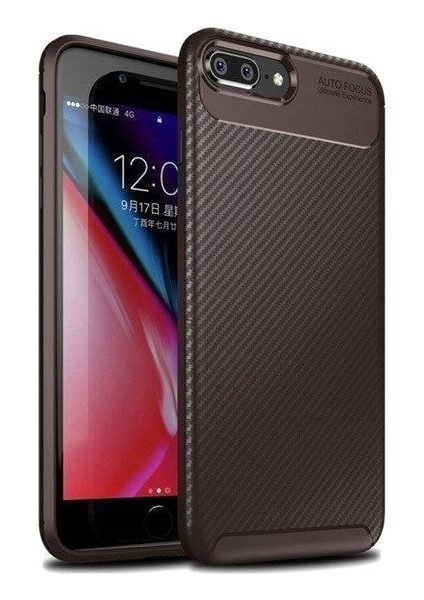 Apple iPhone 7 Plus Kılıf Karbon Desenli Lux Negro Silikon + Tam Kaplayan Cam Ekran Koruyucu Kahverengi