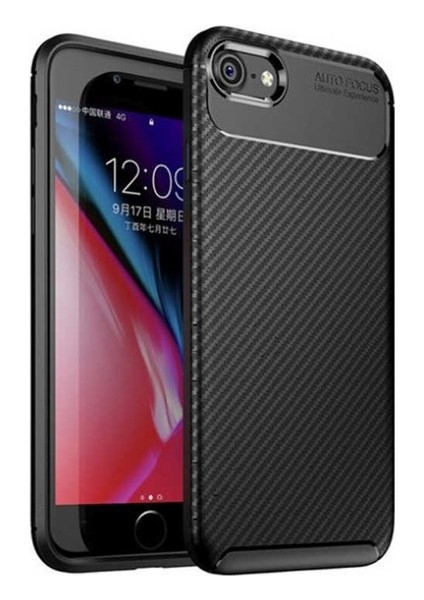 Apple iPhone 8 Kılıf Karbon Desenli Lux Negro Silikon + Tam Kaplayan 6D Nano Ekran Koruyucu Siyah