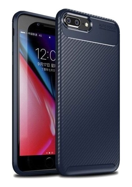Apple iPhone 8 Plus Kılıf Karbon Desenli Lux Negro Silikon + Tam Kaplayan 6D Nano Ekran Koruyucu Lacivert
