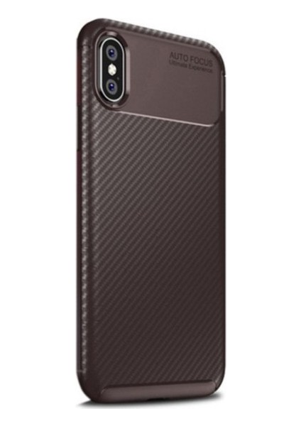 Apple iPhone X - XS Kılıf Karbon Desenli Lux Negro Silikon + Cam Ekran Koruyucu Kahverengi