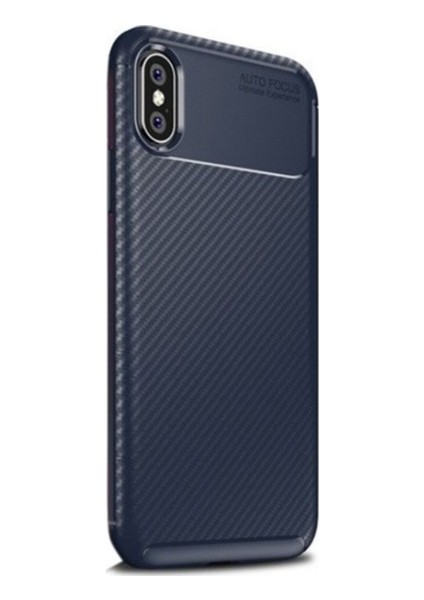 Apple iPhone X - XS Kılıf Karbon Desenli Lux Negro Silikon + Tam Kaplayan Cam Ekran Koruyucu Lacivert