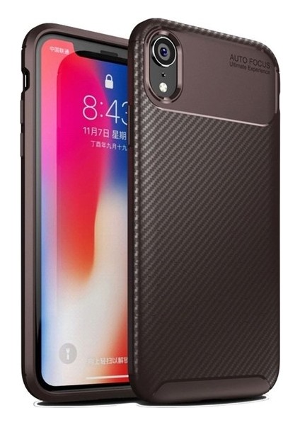 Apple iPhone XR Kılıf Karbon Desenli Lux Negro Silikon + Cam Ekran Koruyucu Kahverengi