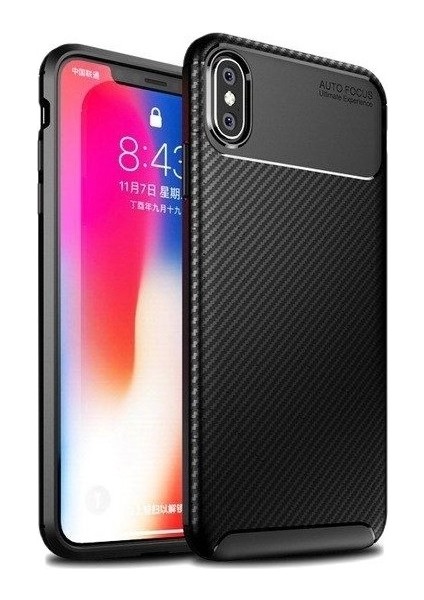 Apple iPhone XS Max Kılıf Karbon Desenli Lux Negro Silikon + Cam Ekran Koruyucu Siyah