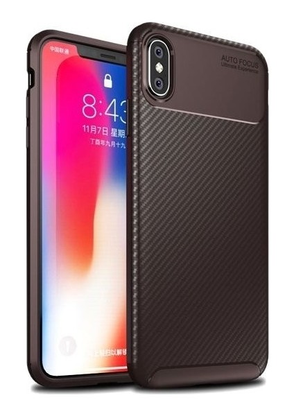 Apple iPhone XS Max Kılıf Karbon Desenli Lux Negro Silikon + Tam Kaplayan 6D Nano Ekran Koruyucu Kahverengi