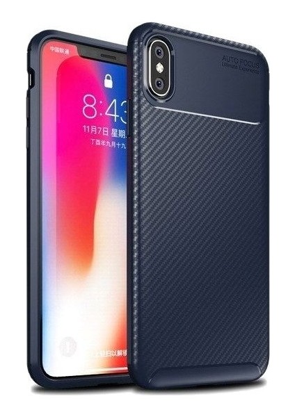 Apple iPhone XS Max Kılıf Karbon Desenli Lux Negro Silikon + Tam Kaplayan 6D Nano Ekran Koruyucu Lacivert