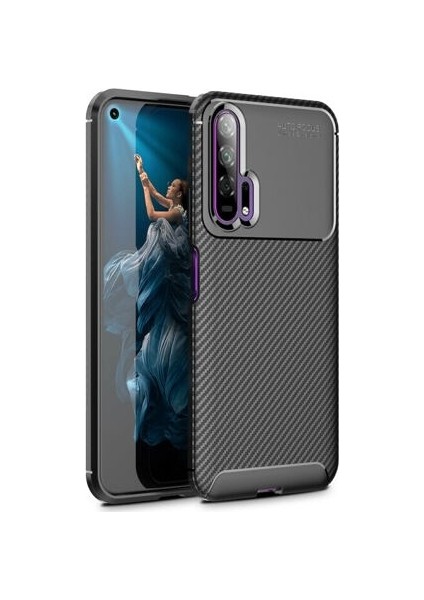 Honor 20 Kılıf Karbon Desenli Lux Negro Silikon + Cam Ekran Koruyucu Siyah