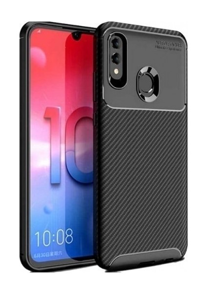 Huawei Honor 8A Kılıf Karbon Desenli Lux Negro Silikon + Tam Kaplayan Cam Ekran Koruyucu Siyah