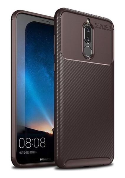 Huawei Mate 10 Lite Kılıf Karbon Desenli Lux Negro Silikon + Cam Ekran Koruyucu Kahverengi