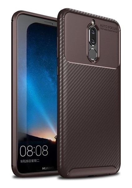 Huawei Mate 10 Lite Kılıf Karbon Desenli Lux Negro Silikon + Tam Kaplayan 6D Nano Ekran Koruyucu Kahverengi