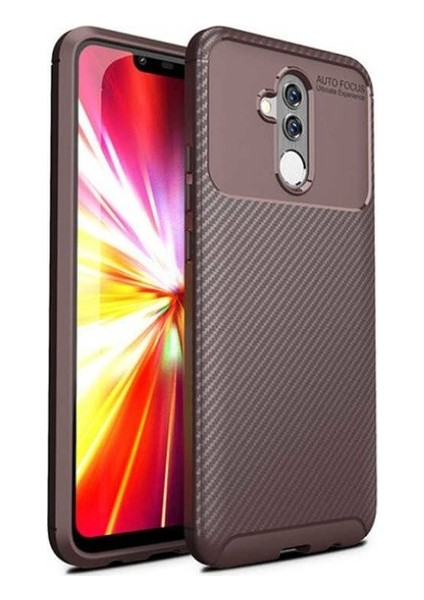 Tekno Grup Huawei Mate 20 Lite Kılıf Karbon Desenli Lux Negro Silikon + Tam Kaplayan 6D Nano Ekran Koruyucu Kahverengi