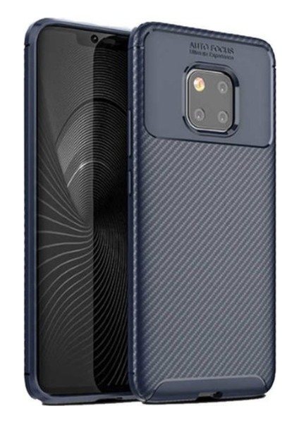 Huawei Mate 20 Pro Kılıf Karbon Desenli Lux Negro Silikon + Tam Kaplayan 6D Nano Ekran Koruyucu Lacivert