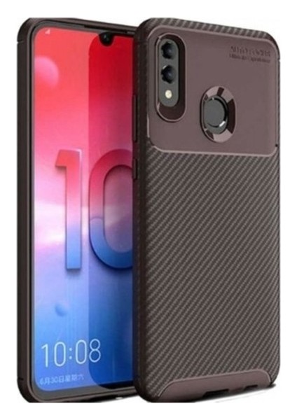 Huawei P Smart 2019 Kılıf Karbon Desenli Lux Negro Silikon + Cam Ekran Koruyucu Kahverengi