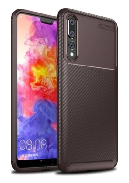 Huawei P20 Pro Kılıf Karbon Desenli Lux Negro Silikon + Tam Kaplayan Cam Ekran Koruyucu Kahverengi
