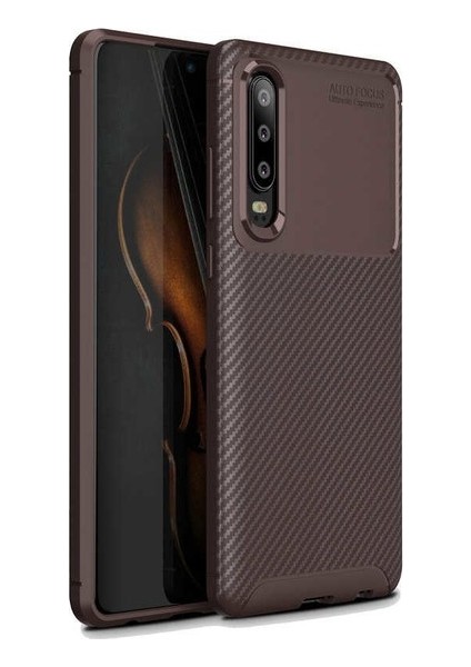 Huawei P30 Kılıf Karbon Desenli Lux Negro Silikon + Nano Ekran Koruyucu Kahverengi