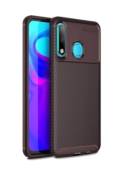 Huawei P30 Lite Kılıf Karbon Desenli Lux Negro Silikon + Nano Ekran Koruyucu Kahverengi